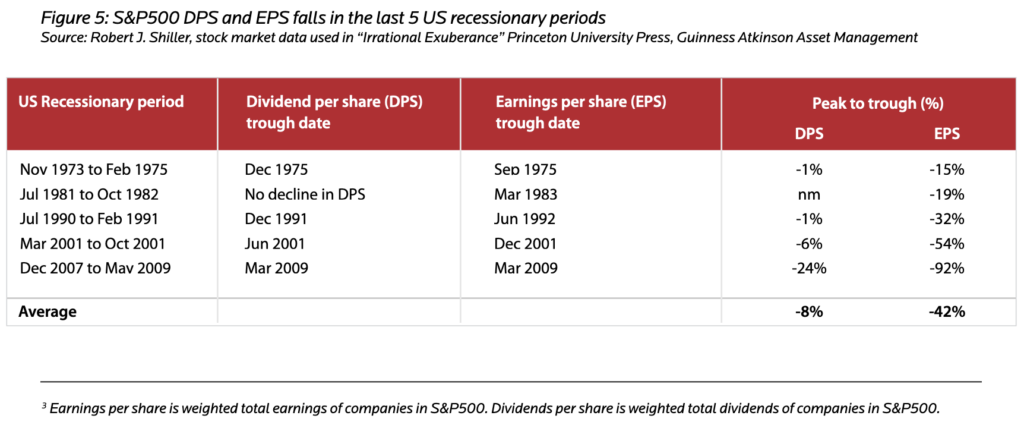 S&P500 DPS and EPS falls in the last 5 US recessionary periods