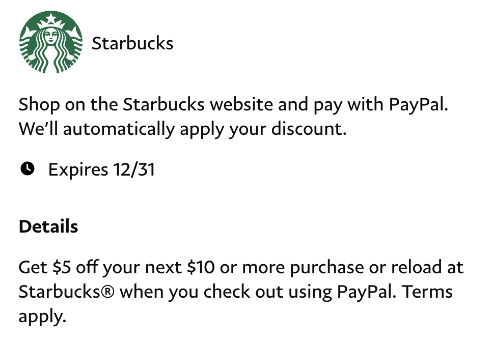 PayPal Starbucks Offer: $Off your next $10 or more purchase
